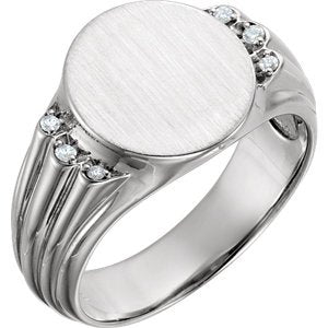 Men's Diamond Round Signet Ring, Rhodium-Plated 14k White Gold (.07 Ctw, G-H Color, I1 Clarity)