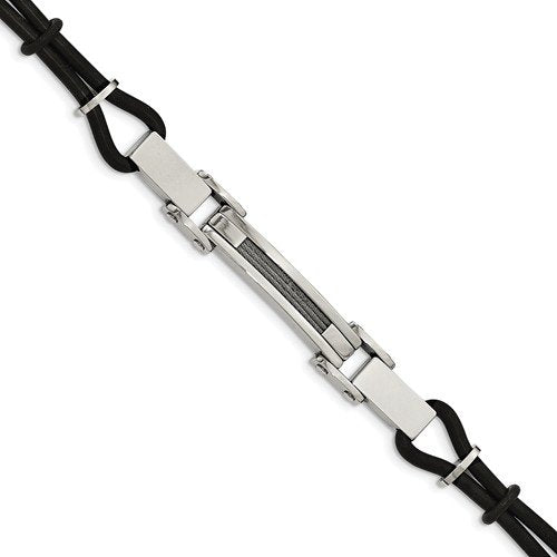 Men's Polished Stainless Steel with Wire Inlay and PU Cord ID Bracelet, 9"
