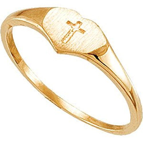 Girls's Heart and Cross 4.25mm Signet Ring, 14k Yellow Gold, Size 3