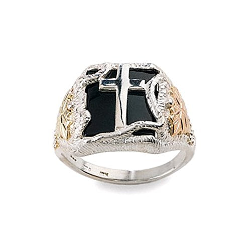 Men's Onyx Cross Ring, Rhodium Plated Sterling Silver, 12k Green and Rose Gold Black Hills Gold Motif