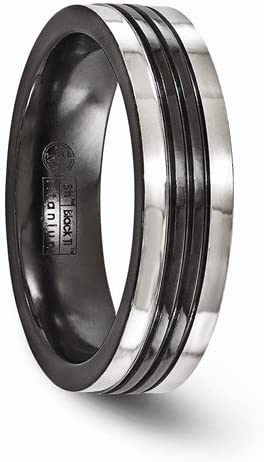 Black Ti Collection Black Titanium Grey Grooves 6mm Flat Wedding Band, Size 11