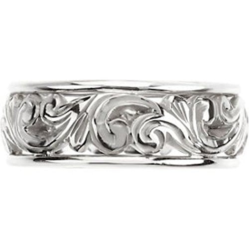 Hand-Engraved Fancy Brocade 9.5mm 14k White Gold Comfort-Fit Band, Size 6.5