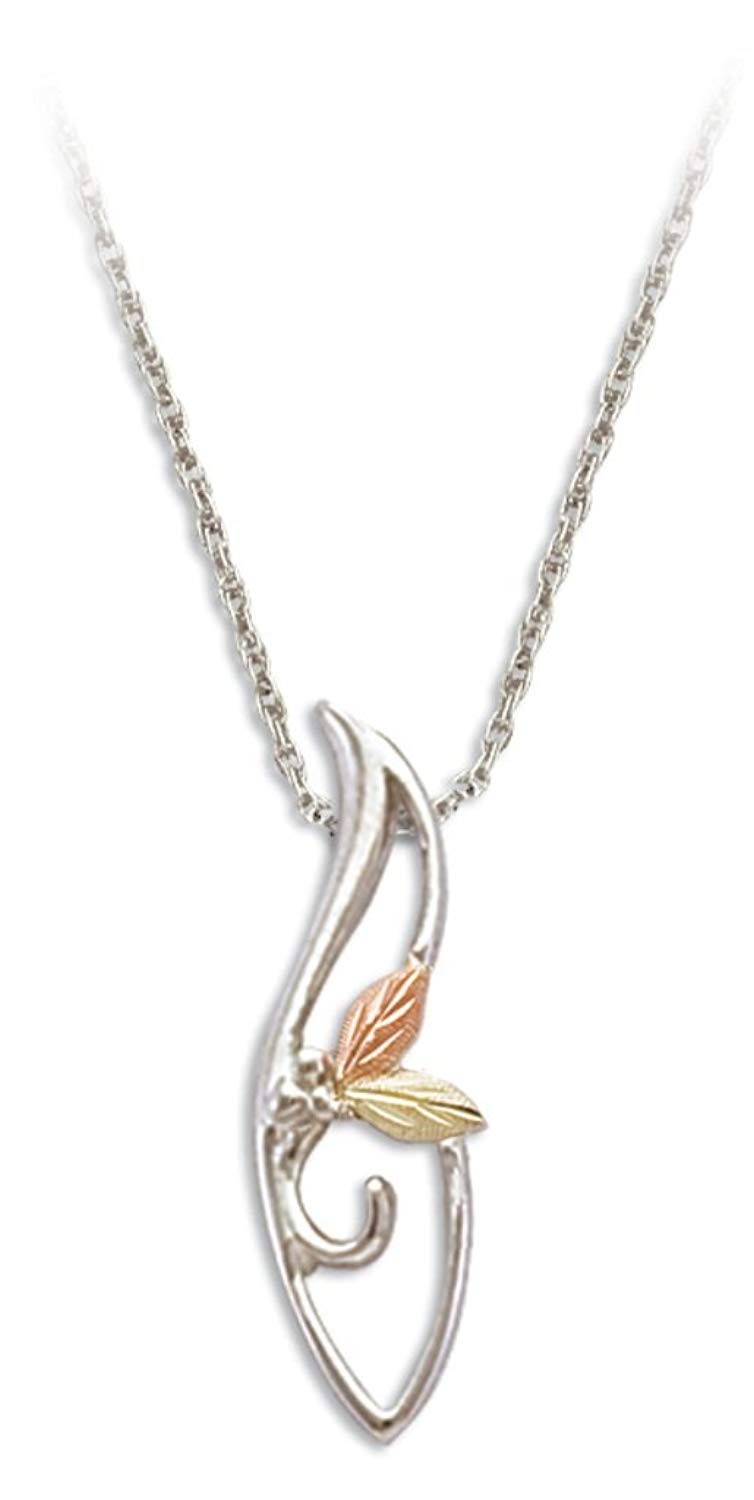 Petite Two Leaf Freeform Pendant Necklace, Sterling Silver, 12k Green and Rose Gold Black Hills Gold Motif, 18"