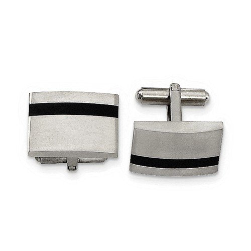 Stainless Steel Satin-Brushed Black Rubber Rectangle Cuff Links, 14X21MM