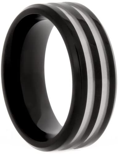 The Men's Jewelry Store 8mm Black Titanium Grooved Comfort Fit Band, Size 8.5