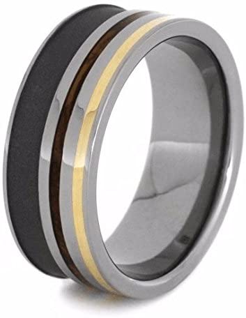 The Men's Jewelry Store (Unisex Jewelry) Whiskey Barrel Wood, 14k Yellow Gold 8mm Sandblasted Titanium Comfort-Fit Band, Size 5