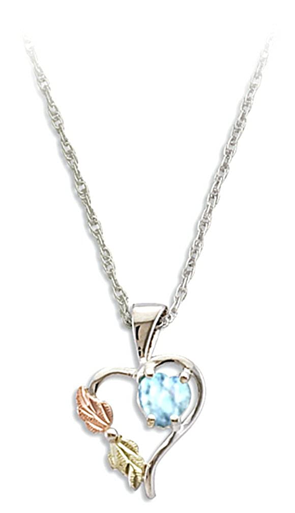 Synthetic Aquamarine March Birthstone Heart Pendant Necklace, Sterling Silver, 12k Green and Rose Gold Black Hills Gold Motif, 18"
