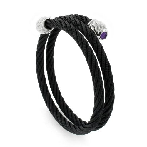 Men's Tango Collection Black Titanium Cable and Sterling Silver Caps Amethyst Bracelet, 6"