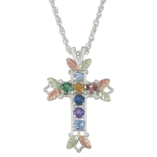 Aquamarine, Citrine, Garnet, Amethyst, Sapphire, Emerald and Blue Sky Topaz Pointed Cross Pendant Necklace, Sterling Silver, 12k Green and Rose Gold Black Hills Gold Motif, 18"
