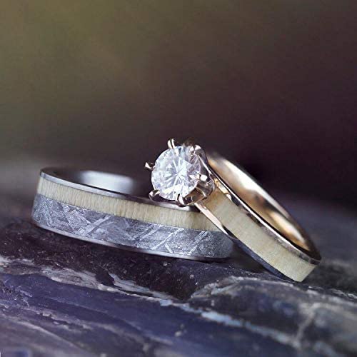 His and Hers Gibeon Meteorite, Aspen Wood Titanium Band and 10k White Gold Forever One Moissanite Aspen Wood Ring Sizes M8.5-F7