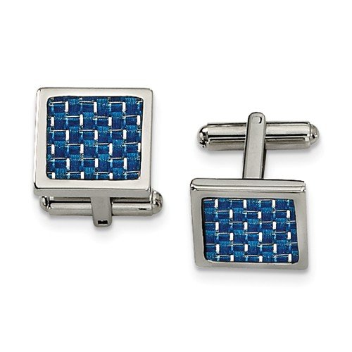 Stainless Steel Polished, Blue Carbon Fiber Inlay Square Cuff Links, 16MMX16MM