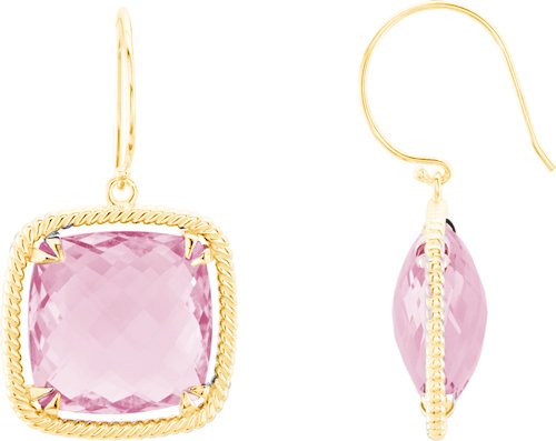 Two-Sided 31.50 Ctw Checkerboard Rose Quartz Antique Cushion 14k Yellow Gold Earrings