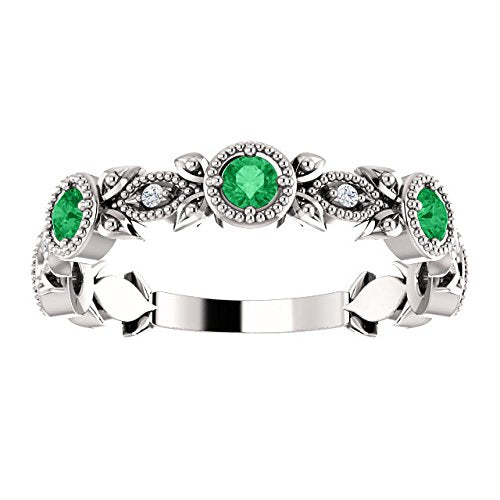 Chatham Created Emerald and Diamond Vintage-Style Ring, Rhodium-Plated 14k White Gold (.03 Ctw, G-H Color, I1 Clarity)