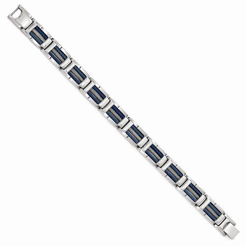 Men's Polished Stainless Steel with Blue IP-Plated Cable Bracelet, 8.75"