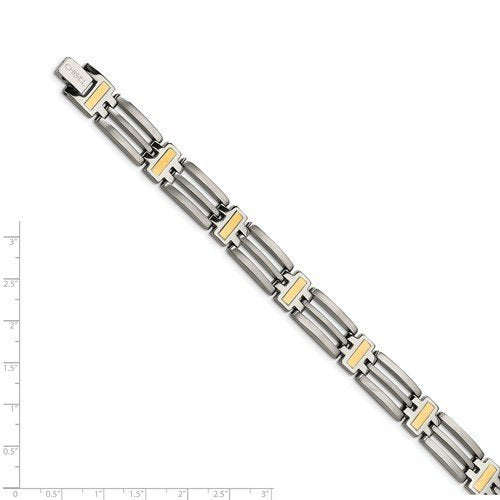 Men's Brushed Grey Titanium 11mm Yellow IP-Plated Link Bracelet, 8.5"