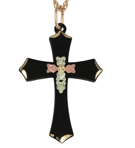 Black Passion Cross Pendant Necklace, 10k Yellow Gold, 12k Green-Rose Gold Black Hills Gold, 18"