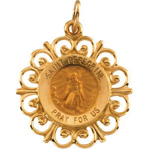 Rhodium Plated 14k Yellow Gold St. Peregrine Medal (18.5MM)