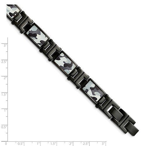 Men's Polished Stainless Steel Black IP-Plated Camouflage Bracelet 8.5"