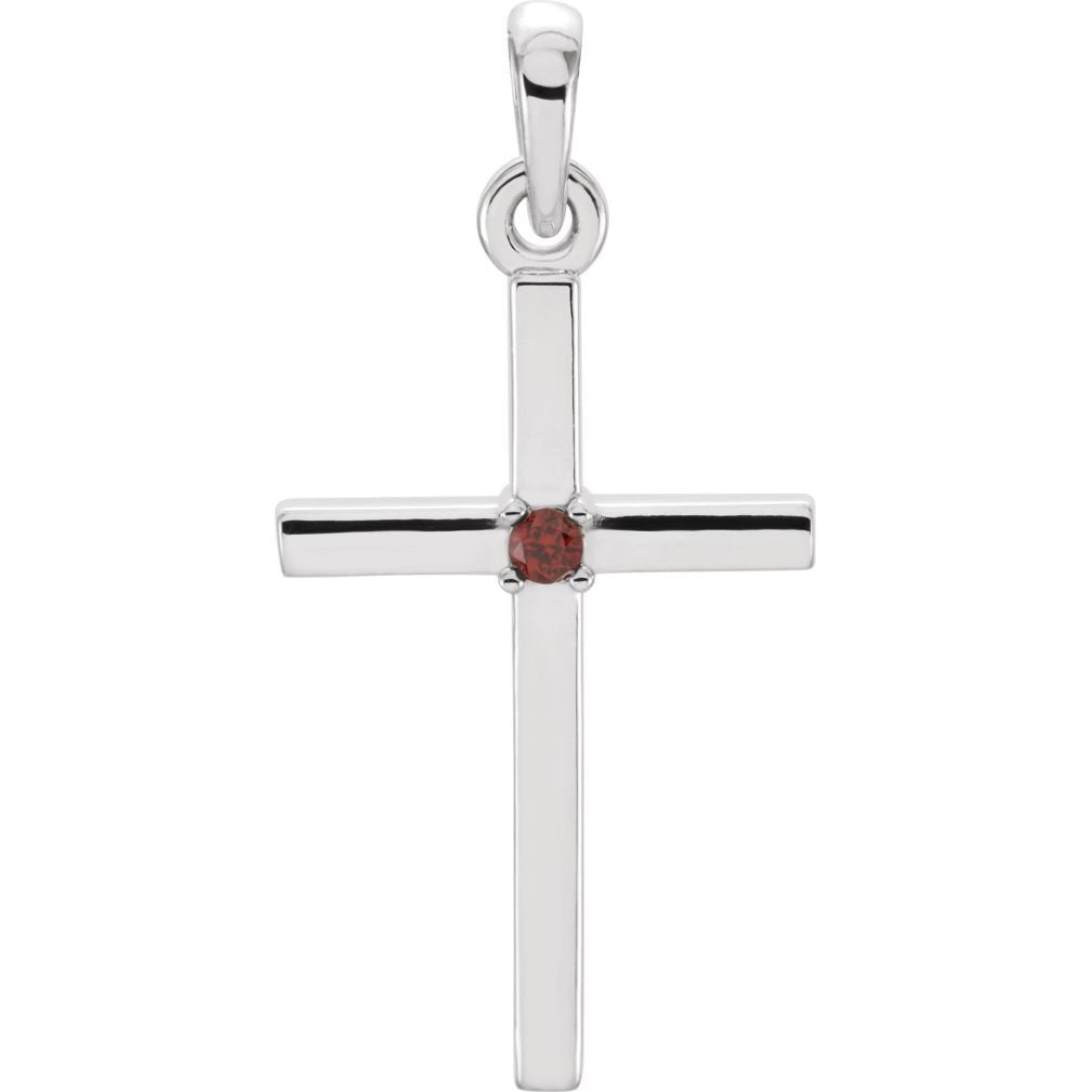 Mozambique Garnet Inset Cross Rhodium-Plated 14k White Pendant (22.65x11.4MM)