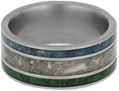 Crushed Turquoise, Pet Ashes, Green Box Burl 8mm Matte Titanium Comfort-Fit Band, Size 9.25