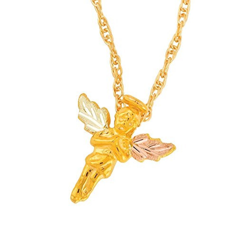 Guardian Angel Pendant Necklace, 10k Yellow Gold, 12k Green and Rose Gold Black Hills Gold Motif, 18"