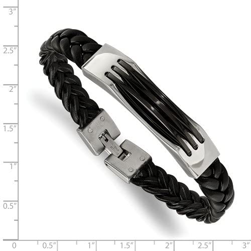 Men's Black Braided Leather Acrylic 10mm Stainless Steel Fold-Over Clasp Bracelet, 8.5 Inches