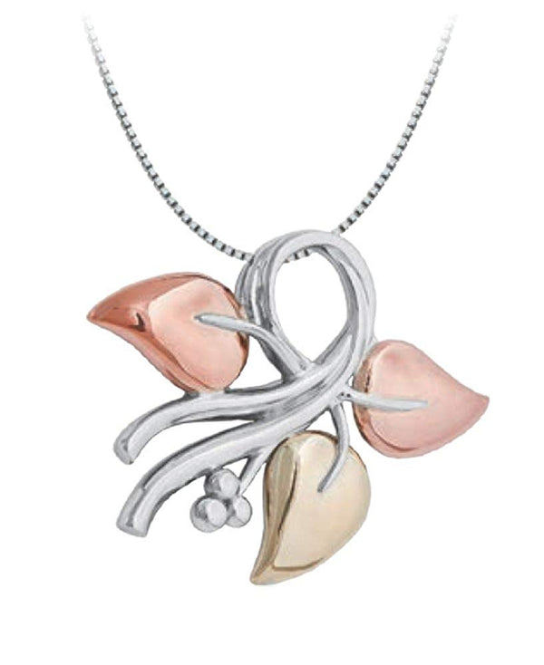 Three Leaf Pendant Necklace, Rhodium Plated Sterling Silver, 10k Green and Rose Gold, 18" to 22"