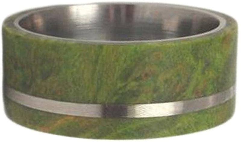 The Men's Jewelry Store (Unisex Jewelry) Green Box Elder Burl Wood 8mm Comfort-Fit Matte Titanium Wedding Band, Size 13.25