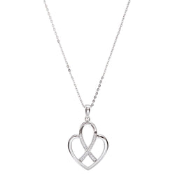 Rhodium Plate Sterling Silver Cancer Ribbon and Heart 'Fight Against Cancer' CZ Necklace, 18"