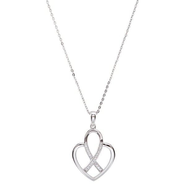 Rhodium Plate Sterling Silver Cancer Ribbon and Heart 'Fight Against Cancer' CZ Necklace, 18"