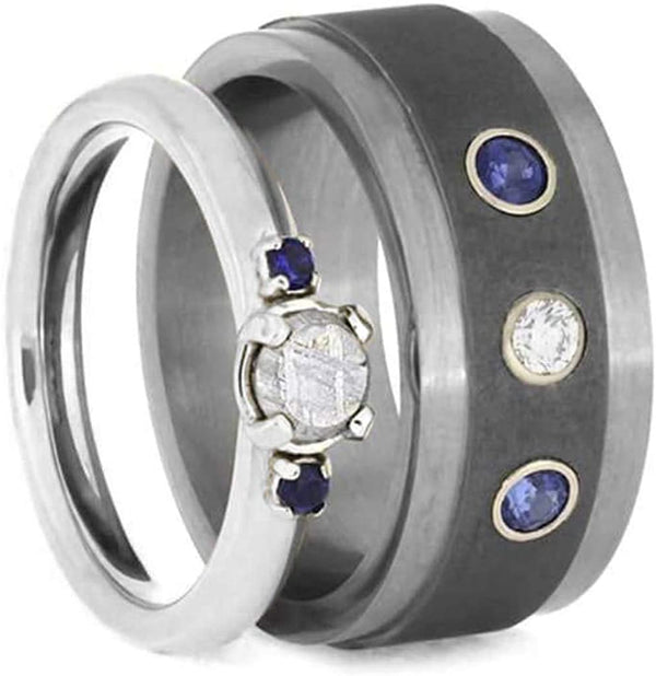 10k White Gold Blue Sapphire, Meteorite Ring and Blue Sapphire, Diamond Comfort-Fit Titanium Band His and Hers Rings