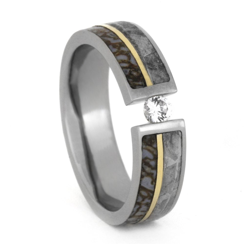 Tension Set Diamond, Gibeon Meteorite, Dinosaur Bone, 14k Yellow Gold 8mm Comfort-Fit Titanium Band