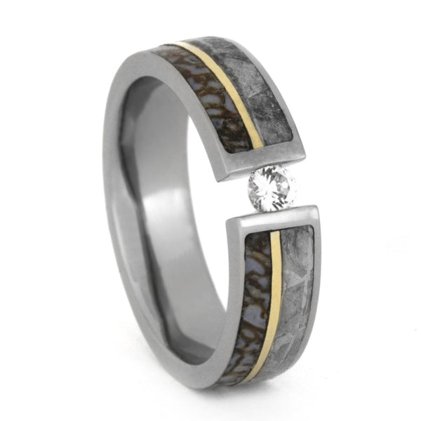 Tension Set Diamond, Gibeon Meteorite, Dinosaur Bone, 14k Yellow Gold 8mm Comfort-Fit Titanium Band