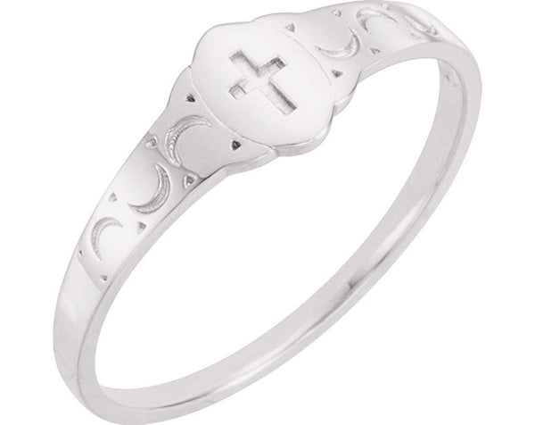 Boy's and Girl's Cross Signet Ring, Rhodium Plate 14k White Gold 5x4mm, Size 2