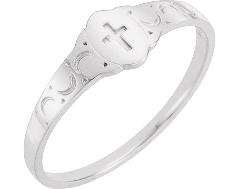 Boy's and Girl's Cross Signet Ring, Rhodium Plate 14k White Gold 5x4mm, Size 2.75