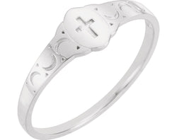 Boy's and Girl's Cross Signet Ring, Rhodium Plate 14k White Gold 5x4mm, Size 3.25
