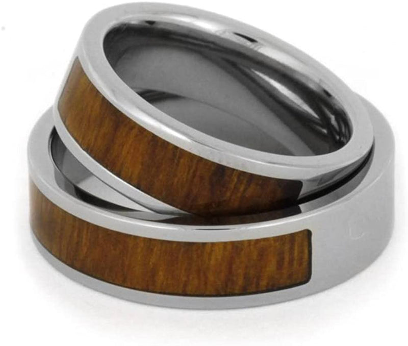 Inlaid Ironwood Comfort-Fit His and Hers Titanium Wedding Band Set, M8.5-F7.5