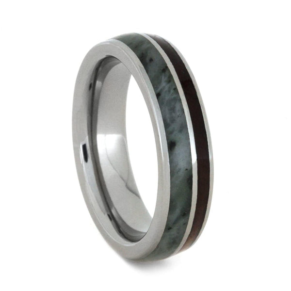 His and Hers Wedding Band Set, Nephrite Jade and Redwood Titanium Band, Men's Cedar Wood 10k White Gold Ring Size 4