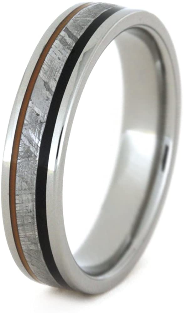 Gibeon Meteorite, African Blackwood, Orange Stripe 5mm Comfort-Fit Titanium Band, Size 6.5