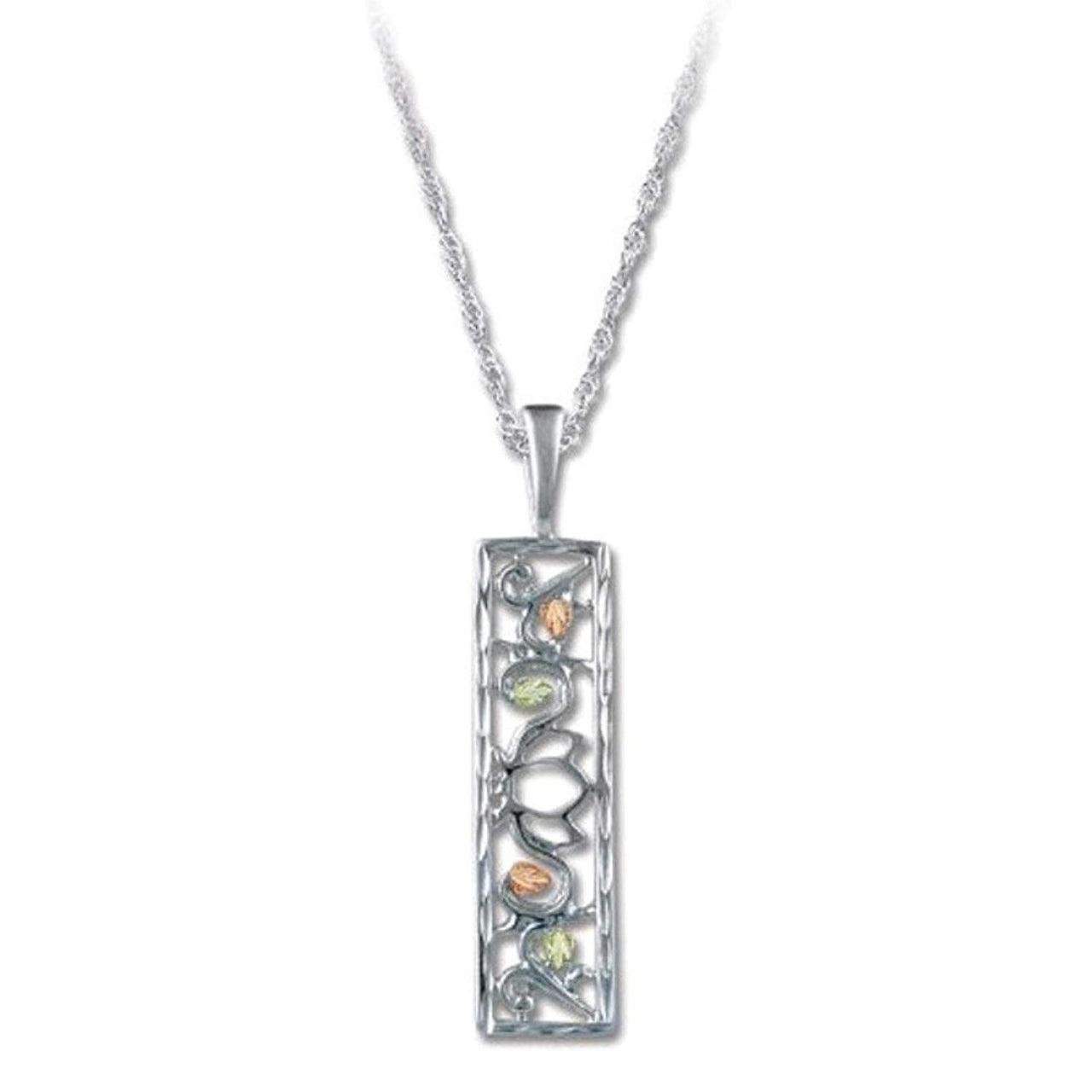 Filigree Floral Rectangle Pendant Necklace, Sterling Silver, 12k Green and Rose Gold Black Hills Gold Motif, 18"