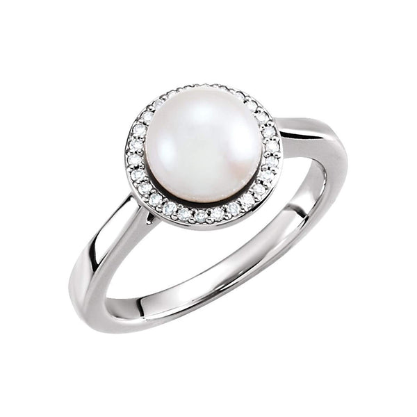 White Freshwater Cultured Pearl and Diamond Halo Ring, Rhodium-Plated 14k White Gold (7.5-8mm) (.07Ctw, G-H Color, I1 Clarity)