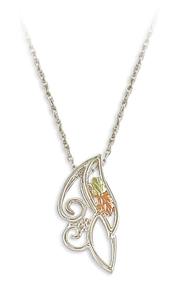 Unique Design Pendant Necklace, Sterling Silver, 12k Green and Rose Gold Black Hills Gold Motif, 18"