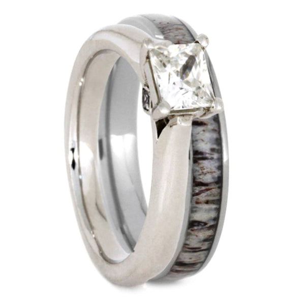 Charles & Colvard Moissanite and Diamond 10k White Gold Engagement Ring, Deer Antler Titanium Wedding Band, Bridal Set Size 8.75