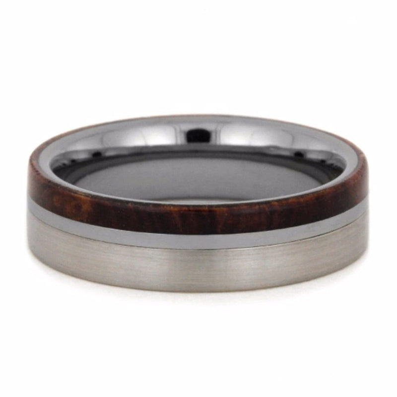 Honduran Rosewood Burl, Tungsten Carbide 6mm Comfort-Fit Brushed Titanium Wedding Band