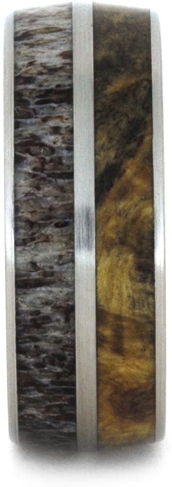 Deer Antler, Buckeye Burl Wood 8mm Comfort-Fit Brushed Titanium Band, Size 6.75