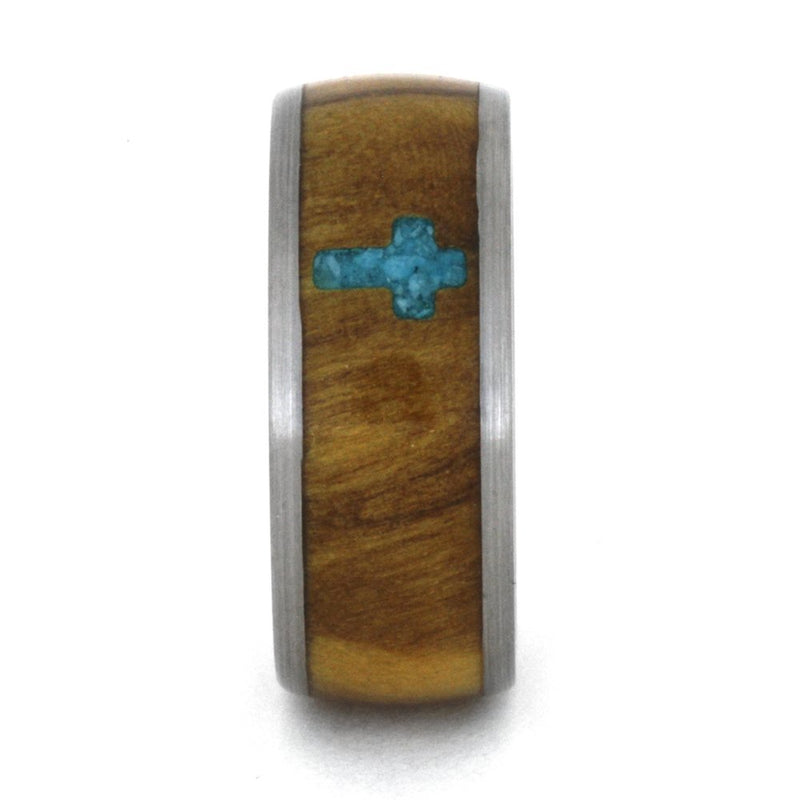 Inlaid Turquoise Cross, Olive Wood 8mm Comfort-Fit Matte Titanium Band