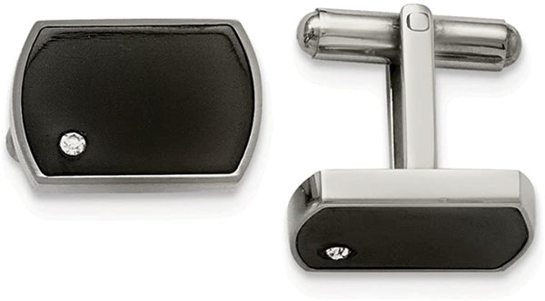 Stainless Steel Black Enamel and CZ Rectangle Cuff Links, 20X13MM