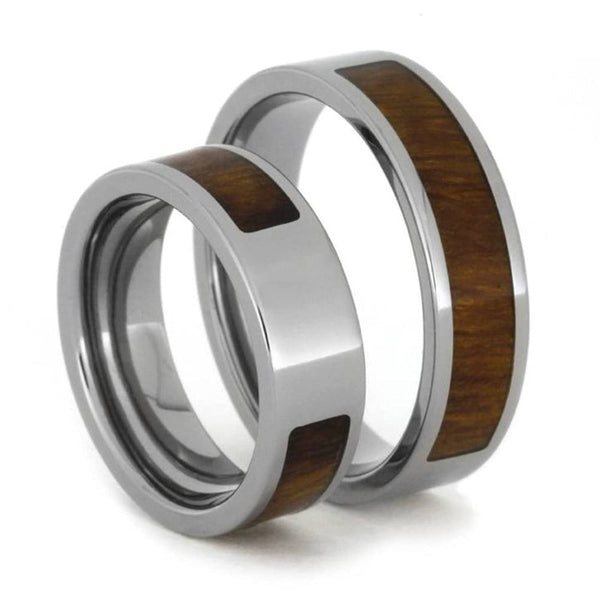 Inlaid Ironwood Comfort-Fit His and Hers Titanium Wedding Band Set, M10-F4