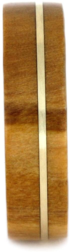 Olive Wood, 14k Yellow Gold Pinstripe 6.5mm Comfort-Fit Matte Titanium Wedding Band, Size 4