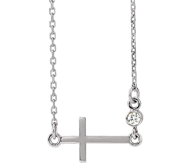 Diamond Sideways Cross Rhodium-Plated 14k White Gold Necklace , 16"-18" (.03 Ct, G-H Color, I1 Clarity)